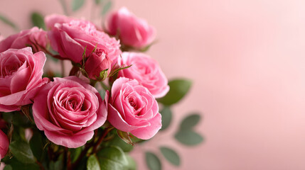 Fototapeta premium Pink roses bouquet on soft fabric, with delicate petals falling and soft lighting, framing a tender and romantic background for various celebrations and emotional themes