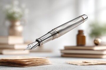Fototapeta premium Elegant silver fountain pen resting on a stack of aged parchment paper, surrounded by vintage books, evoking a sense of classic sophistication and creative writing inspiration.