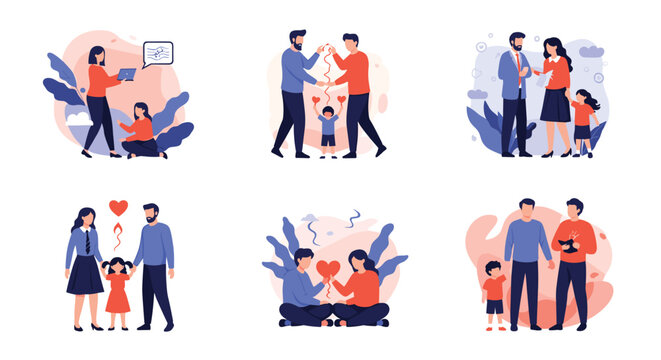 Various scenes showing family members and professionals engaging in counseling, therapy, and supportive social interactions.