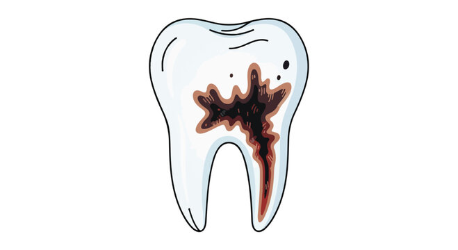 Illustration of a tooth with a large cavity on a white background, showing decay and damage.