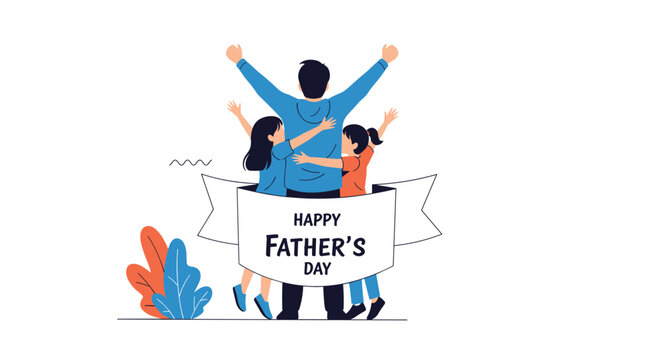 Happy father with arms raised being hugged by his three children from behind a banner that says Happy Father's Day.