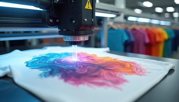 Machine applies colorful graphic to white t-shirt. Digital printing process on apparel in textile factory. Finished garments hang in background.