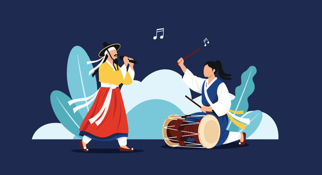 Performers in traditional Korean hanbok costumes playing a large drum and singing to showcase their cultural heritage and art.