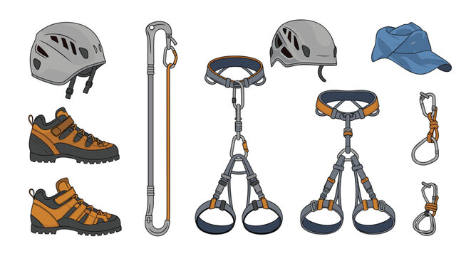 Comprehensive set of professional rock climbing gear including helmets, harnesses, carabiners, shoes, and safety ropes.