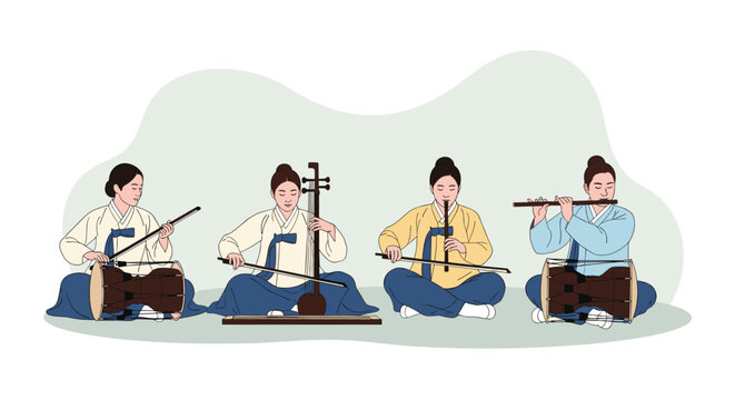 Four women dressed in traditional Korean hanbok play musical instruments including the janggu, haegeum, and piri together.
