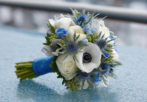 Winter bouquet: white anemones, silver brunia, pale blue thistles, and dew