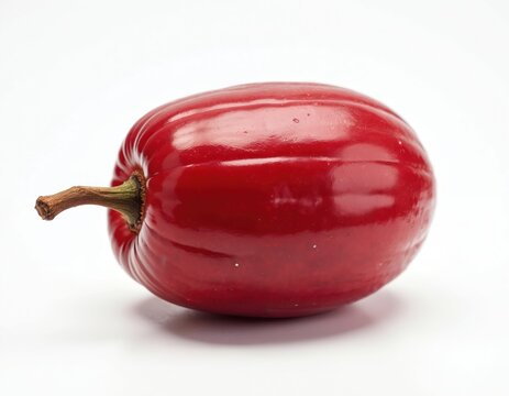 Single red pitanga fruit with ribbed skin and glossy finish sits on white background. This Surinam cherry is isolated for clear product focus. Healthy food concept.