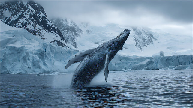Majestic cetacean breach in a pristine polar sea, showcasing power and grace amidst towering icy mountains and cold, tranquil waters of a remote wilderness