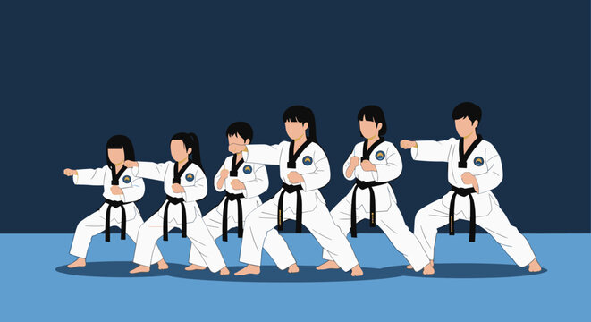 Line of children of different heights wearing traditional white dobok uniforms practice taekwondo punches in unison on a blue mat.