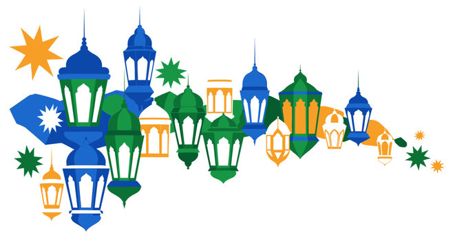 A vibrant illustration showcasing traditional Ramadan decorations. Perfect for conveying themes of celebration, spirituality, and cultural traditions 