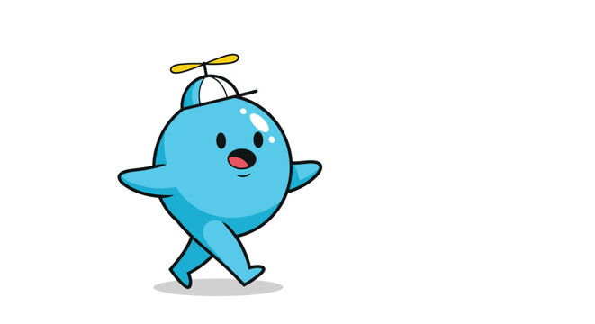Cute and round blue cartoon character wearing a white propeller hat is seen walking forward with a cheerful expression.