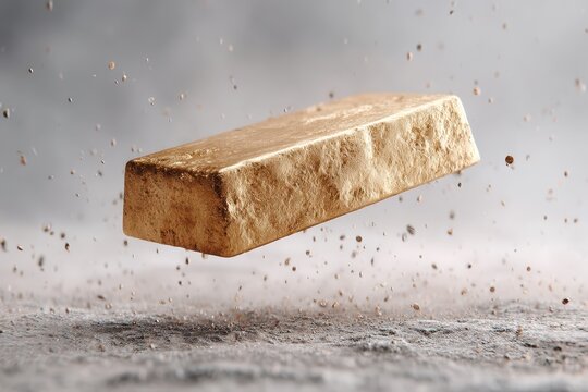 A shimmering gold bar levitating above a textured surface, surrounded by floating particles and a soft, diffused background, highlighting its raw and precious texture.