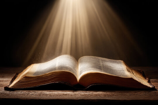 Open Bible glowing with golden light, symbolizing the Word of God, faith, prayer, hope, spiritual guidance, Christianity, holy scripture, wisdom, divine inspiration and eternal truth