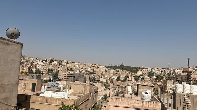 Amman, Jordan : Amman city (Arab houses, mosque, bridges, shops, Jordanian flag) Life in an old city in the Middle East