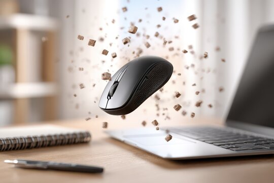 A silver wireless mouse hovers above a laptop, notepad, and pen on a wooden desk, surrounded by levitating debris, symbolizing productivity and technology.