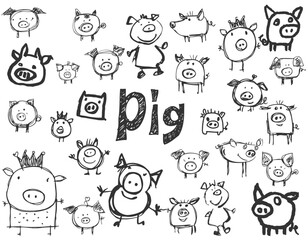 Big collection of vector pig icons, cute piglets and funny hog characters in kids drawing doodle style © serdjo13
