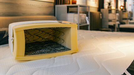 Fototapeta premium Cross-section of a mattress showing inner springs and foam layers for comfort and support