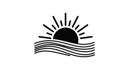 Minimalist sun rising over waves striking black form a simple silhouette © Kuntol02