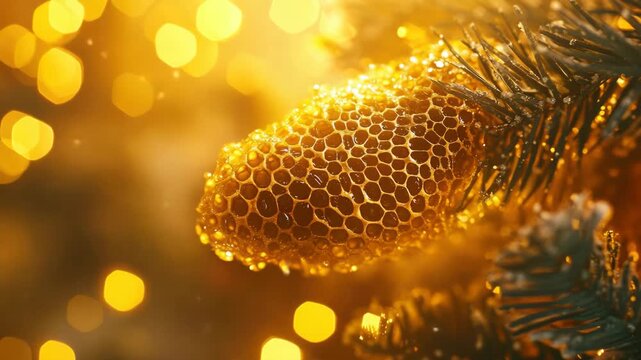 Golden ornament with intricate pattern, shiny texture and hanging from pine needles.