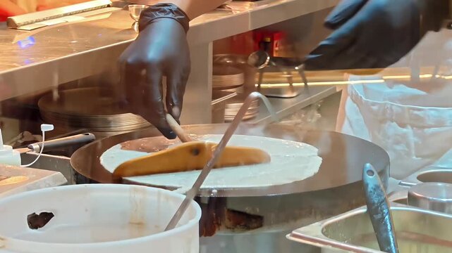 Chef cooking galette crepe on stove, French Cafe Restaurant Dessert, Cooking Batter Stove, Kitchen Setting
