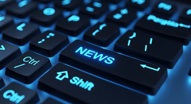 Close up of a computer keyboard with a glowing blue 'news' key