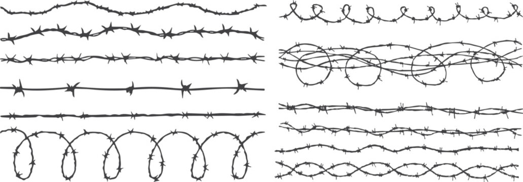 Barbed wire collection, wavy razor wire and twisted sharp steel fence, prison and military barrier concept, seamless vector set with danger warning silhouette