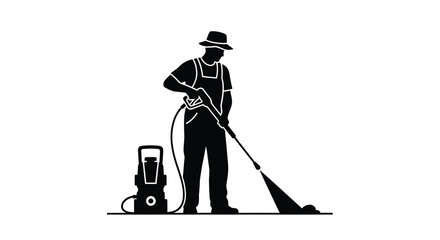 Man using a pressure washer depicted in a striking silhouette © MSTSALINA