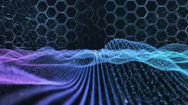 Futuristic Blue and Purple Digital Particle Wave with Hexagon Grid