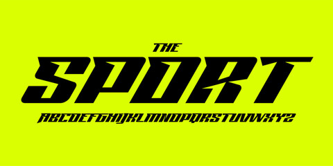 Naklejka premium Sporty italic alphabet, wide bold font for powerful dynamic lettering, swift automotive logo, energetic daring headline, car racing branding. Vector typeset