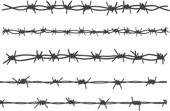 Barbed wire collection, twisted sharp metal fence with barbs, security danger silhouette, prison and military barrier logo isolated vector set on white background