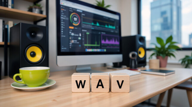 Audio production workflow with WAV format for lossless sound editing mastering podcast recording music distribution and broadcast archive management across studio publishing and media delivery