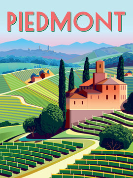 Romantic rural landscape in sunny day in Italy with vineyards, farms, fields, trees and mountains in the background. Handmade drawing vector illustration. Flat design. Poster in the Art Deco style.