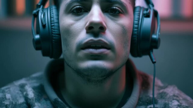 Soldier With Headphones Experiencing Stress and Anxiety Close-Up Stock Footage