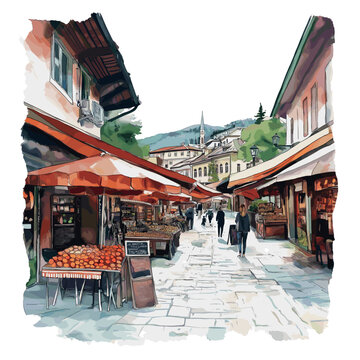 Sarajevo Old Bazaar. Sarajevo Old Bazaar watercolor vector illustration