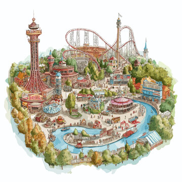 Knott?s Berry Farm. Knott?s Berry Farm hand drawn watercolor illustration