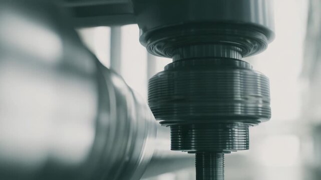 Industrial cnc machine drilling into a raw metal part, forming precision components for advanced manufacturing processes and automation in a modern factory setting