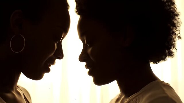 Two Women Silhouette Forehead Touch Warm Golden Light Soft Focus Background Connection Intimacy