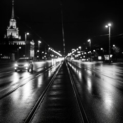 Fototapeta premium City street at night with tram tracks and traffic lights