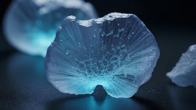 Extreme macro close-up of a silica aerogel fragment with ethereal translucent quality, microscopic pores visible, and a soft bluish glow from scattered light