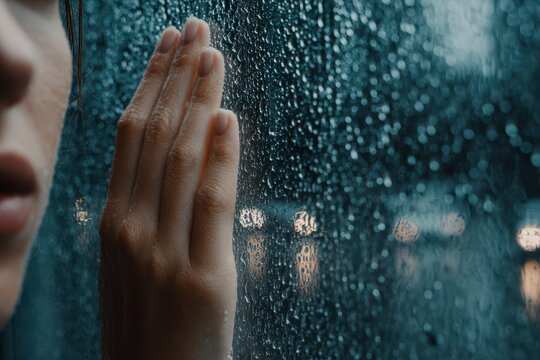 A melancholic scene of a woman's hand resting on a rain-streaked window, conveying a sense of longing and introspection, with blurred city lights in the background.
