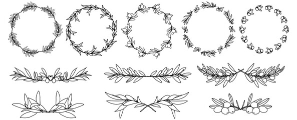 Obraz premium Olive Botanical Frames and Wreaths Set, Hand Drawn Olive Branch Clipart, Minimalist Logo Elements
