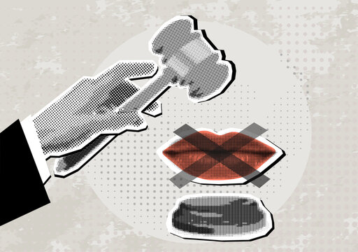 Trendy Halftone Collage criminal judgment authority hammer victim woman speechless scotch cover mouth.