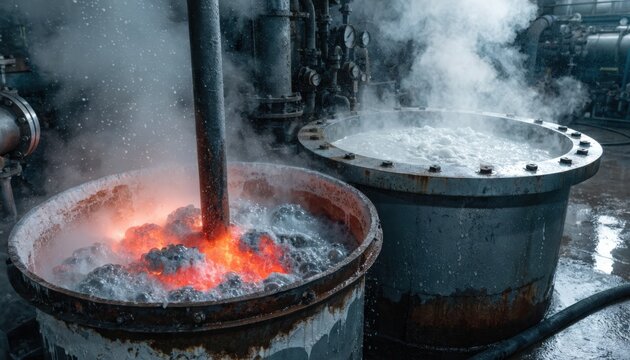 Closeup medium view of zinc sulfide roasting process and leaching in huge vats creating thick steam in an indoor setting.