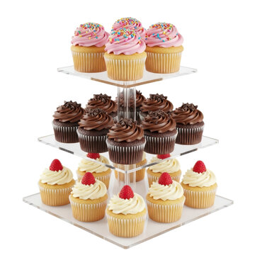 A three-tiered stand of assorted cupcakes on transparent background
