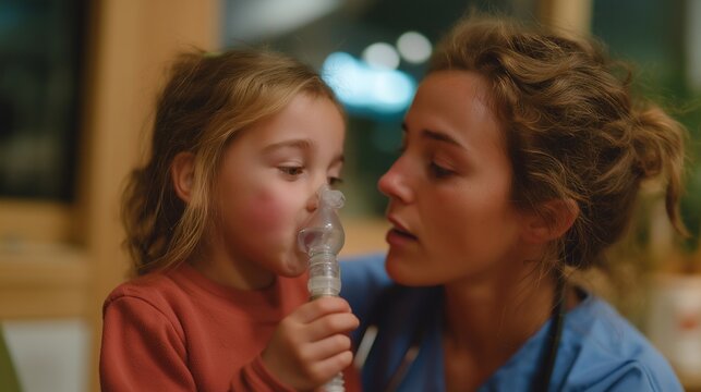 Child experiencing allergic reaction receiving nebulizer treatment from school nurse in medical room while parent arrives through doorway, perfect for asthma management emergency response pediatric