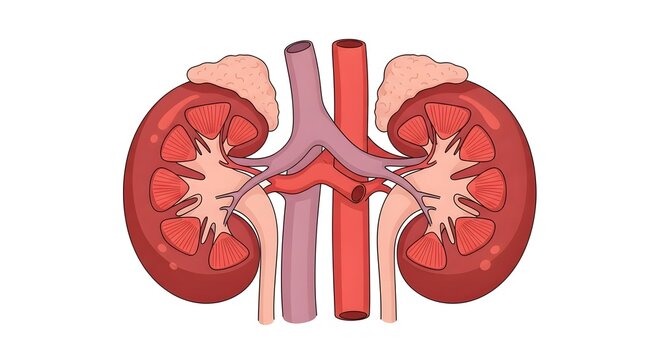 Detailed illustration of human kidneys with arteries and veins.
