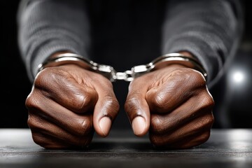 Fototapeta premium Close-up of handcuffed hands of an African American male, representing law enforcement, arrest, and the justice system, shown against a dark, blurred background.