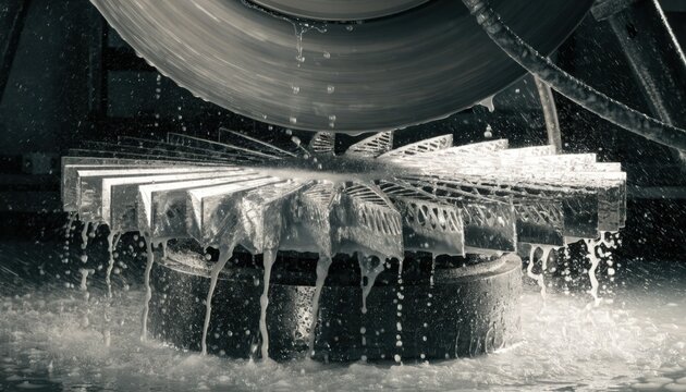 Closeup medium shot showing coolant fluid flowing over blades held on a magnetic chuck during surface grinding emphasizing heat reduction and polished metal surfaces.