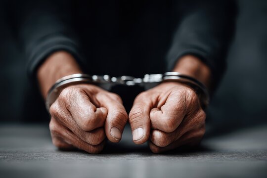 Captured hands in handcuffs, symbolizing justice and the consequences of crime, representing arrest, confinement, and the legal system with a dark background.