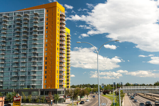 Canada, Alberta, Calgary.  Condominium / townhome development consisting of five different brightly coloured buildings in the northwest Calgary community of Brentwood